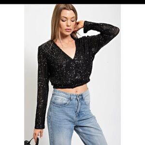Black Sequin Crop Top